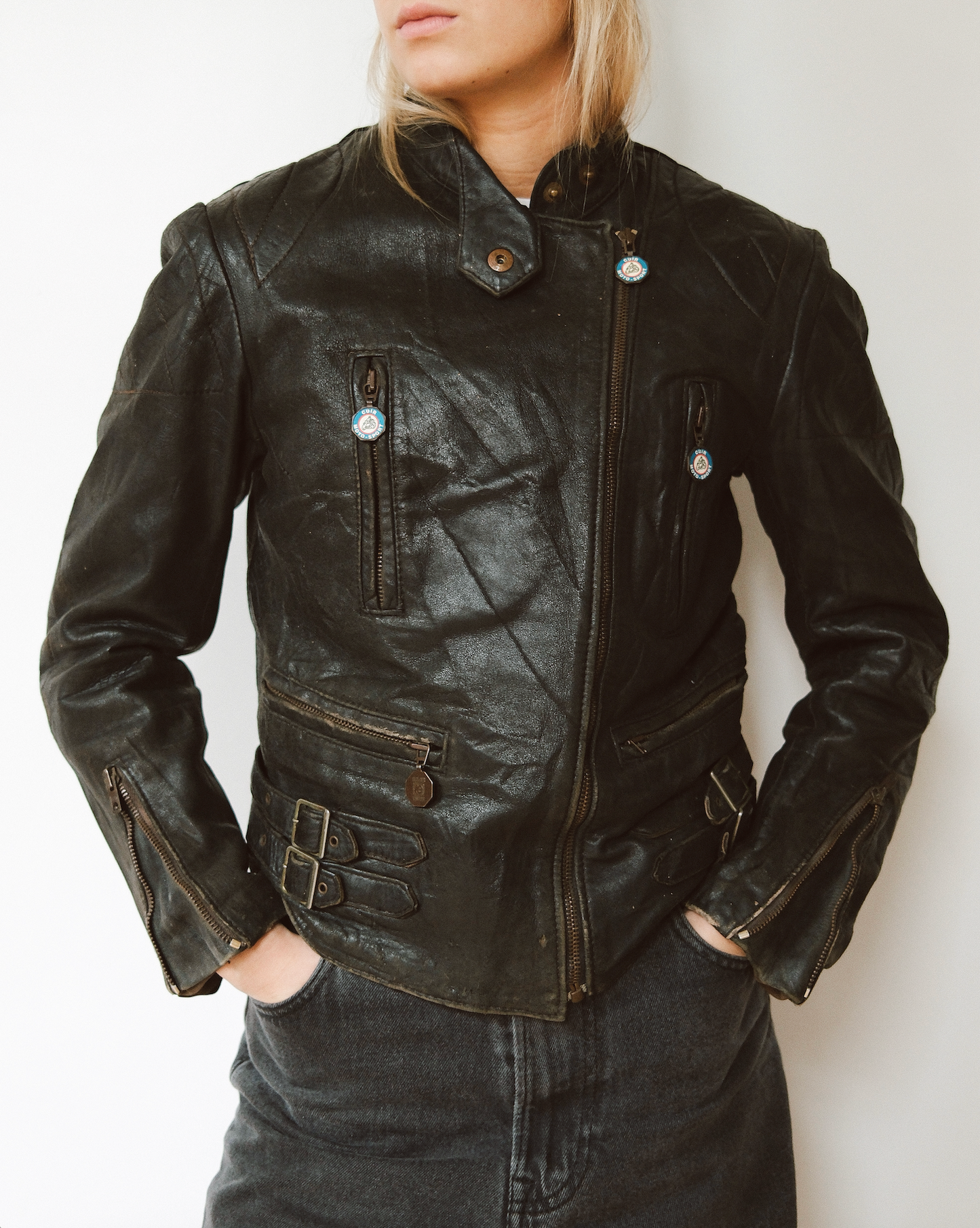 1970s - Distressed Black Biker Leather Jacket - (W)XS