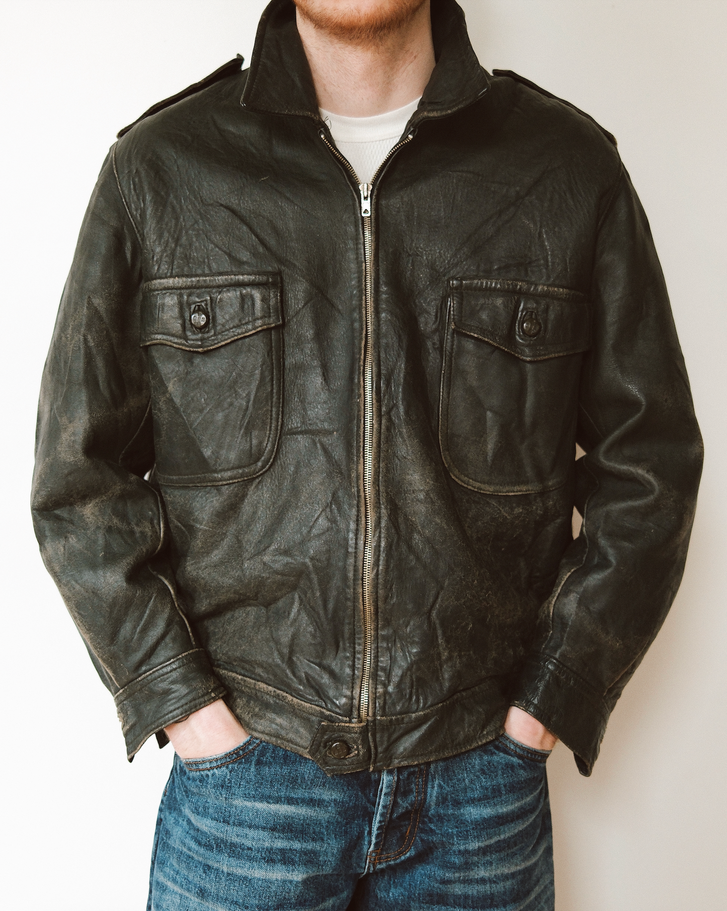 1970s - Distressed Black Portuguese Army Leather Jacket - L/XL