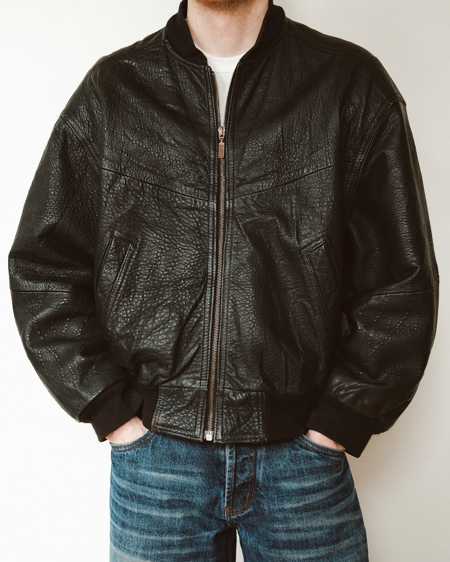 1990s - Black Smash Leather Bomber Jacket - L