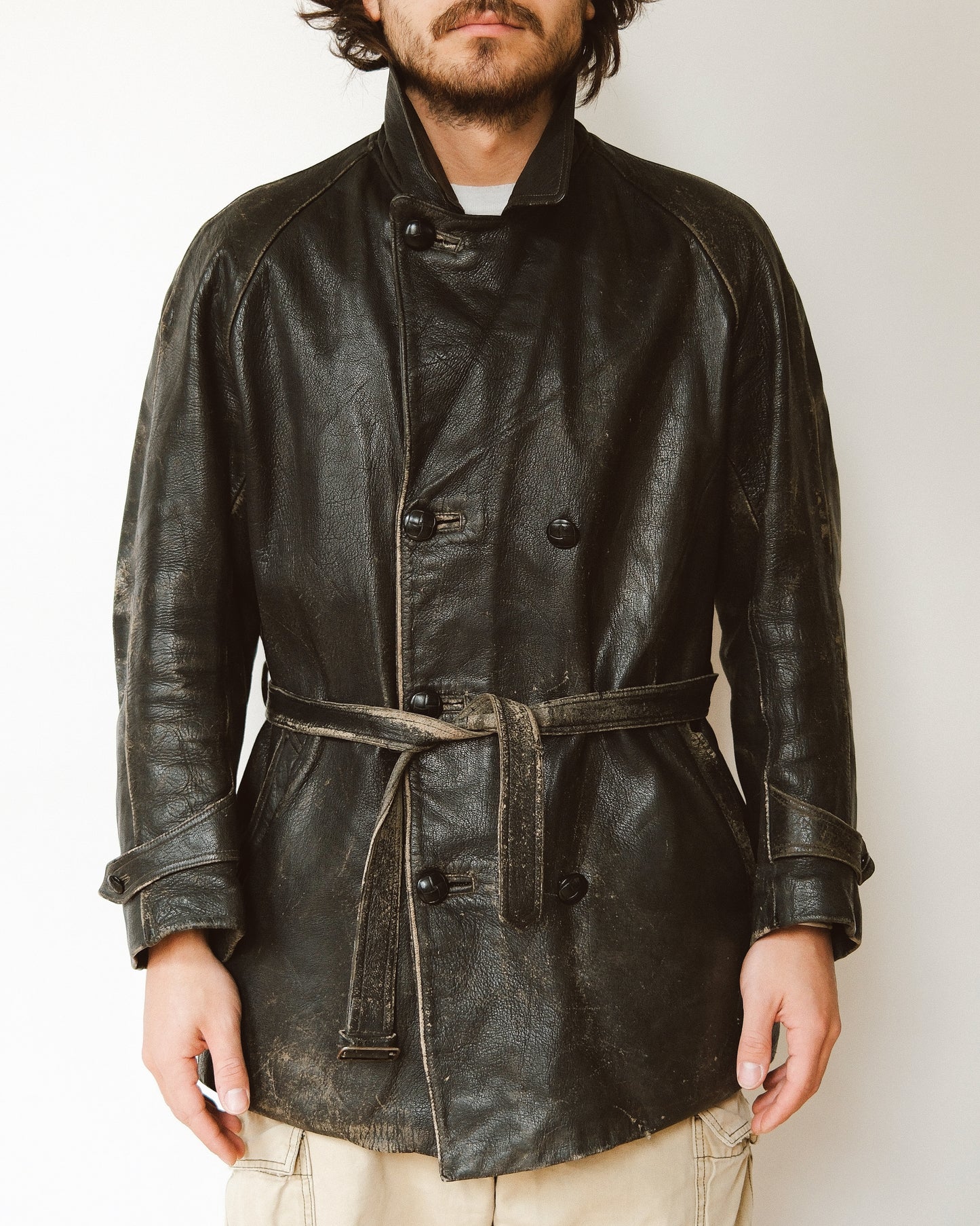 1950s - Distressed Black Italian Leather Coat - M