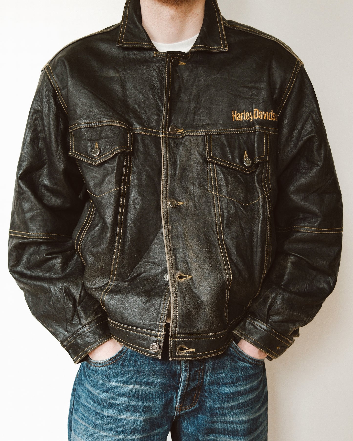 1990s - Black Harley-Davidson Leather Trucker Jacket - XL