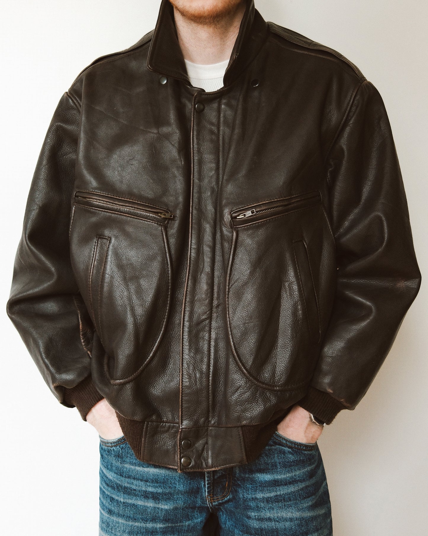 1990s - Dark Brown Leather Bomber Jacket - XXL