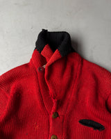 1950s - Distressed Red/Black Hand Knit Sweater - S/M