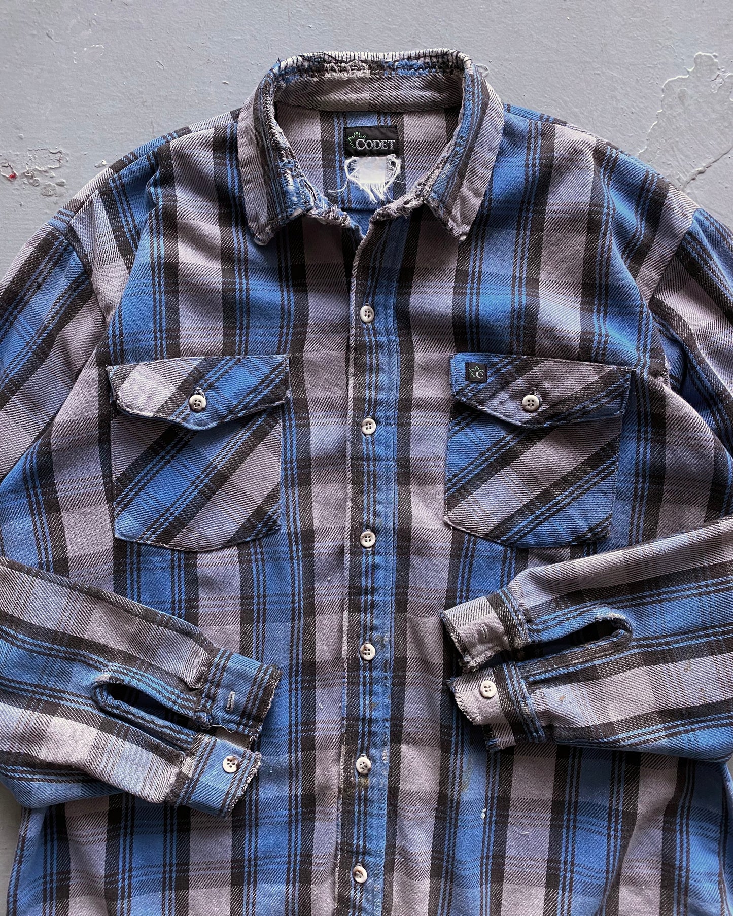 1990s - Blue/Grey Plaid Repaired Cotton Flannel - L/XL