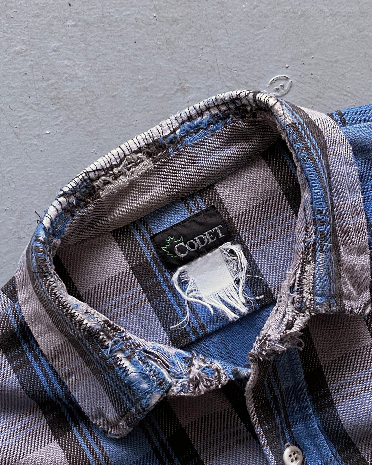 1990s - Blue/Grey Plaid Repaired Cotton Flannel - L/XL