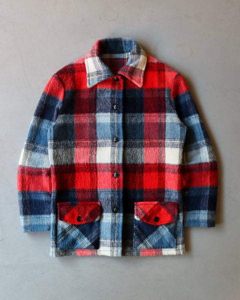 1970s - Blue/Red Plaid Wool Shacket - S
