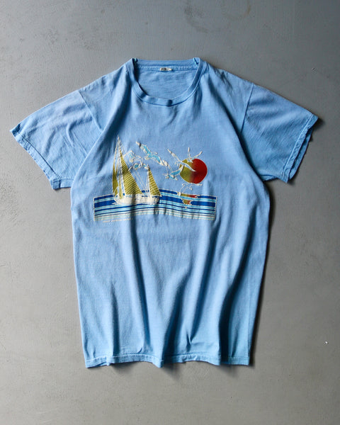 1970s - Light Blue "Boat & Sunshine" T-Shirt - XS