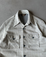1970s - White/Navy Polyester Plaid Button Up - L