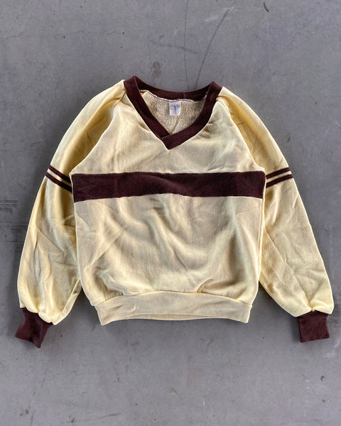 1970s - Yellow/Brown Striped V-Neck Sweatshirt - XS