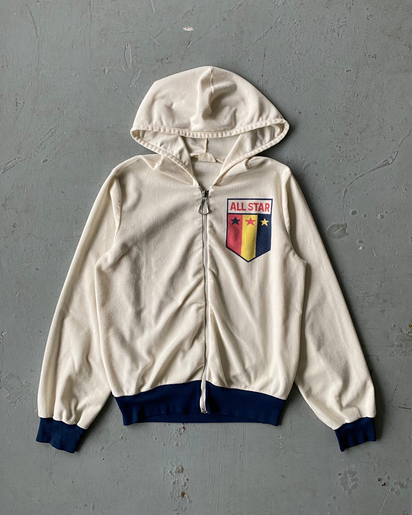 Années 1980 - Sweat à capuche zippé polyester All-Star crème/marine - S
