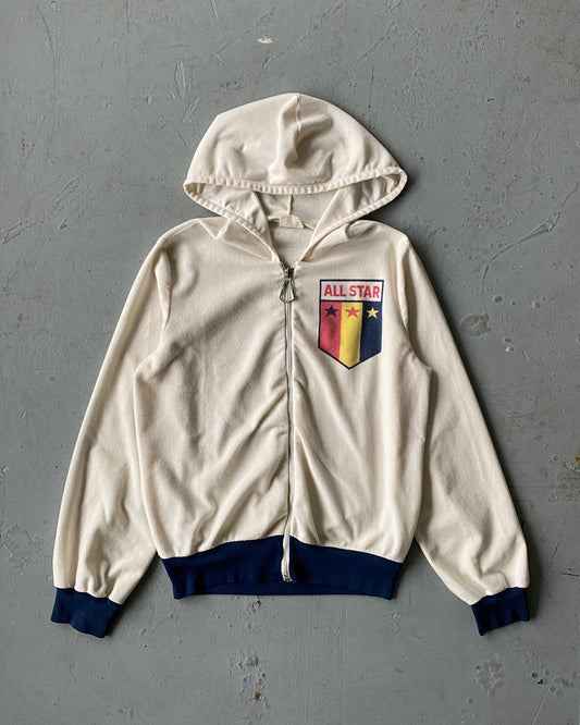 1980s - Cream/Navy All-Star Polyester Zip-Up Hoodie - S
