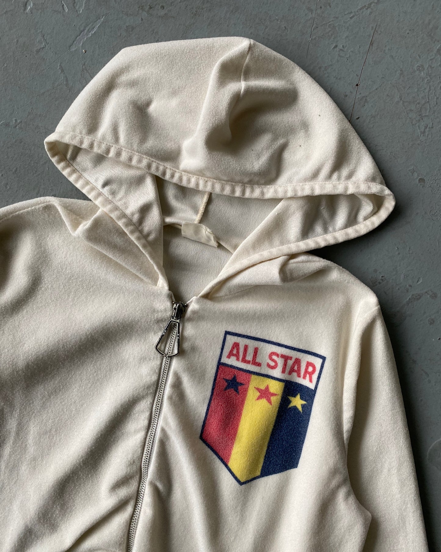 Années 1980 - Sweat à capuche zippé polyester All-Star crème/marine - S