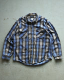 1990s - Blue/Grey Plaid Repaired Cotton Flannel - L/XL