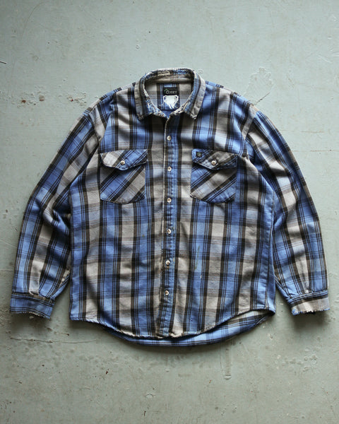 1990s - Blue/Grey Plaid Repaired Cotton Flannel - L/XL