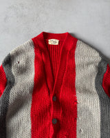1960s - Red/Grey Distressed Striped Wool Cardigan - M