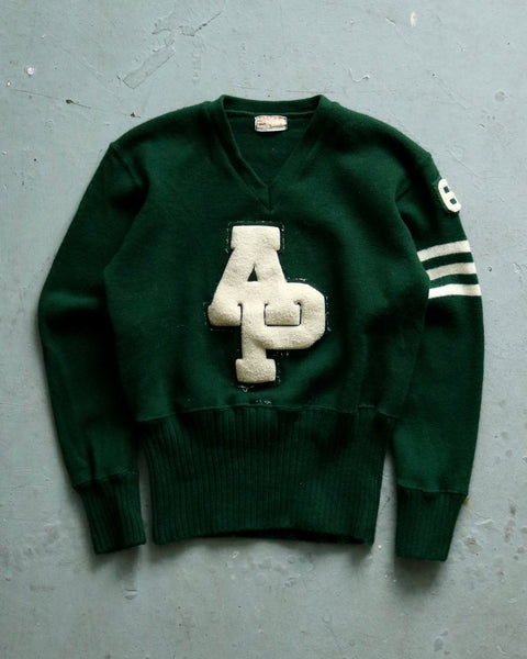 1960s - Forest Green "AP" Letterman Wool Sweater - S