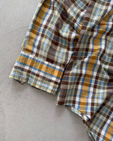 1980s - Brown/Mustard Plaid Pearl Snap Button Up -