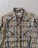 1980s - Brown/Mustard Plaid Pearl Snap Button Up -