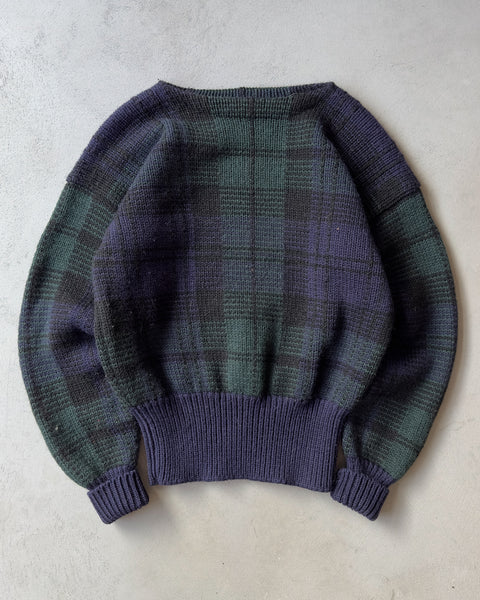 1970s - Navy/Green Plaid Wool Sweater - M/L