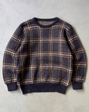 1970s - Navy/Brown Plaid Wool Sweater - S