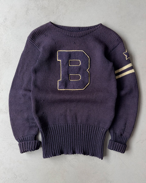 1960s - Distressed Navy "B" Letterman Sweater - M