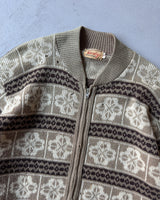 1960s - Beige/Brown Floral Zip Up Sweater - M/L